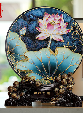 新中式荷花禅g意莲花清廉家居客厅酒柜博古架装饰品摆件珐琅彩荷