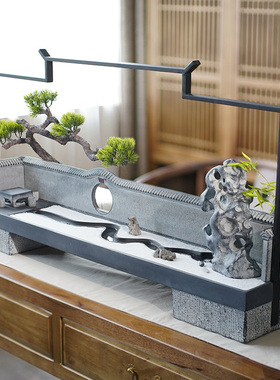 新中式禅b意空间迎客松流水摆件客厅玄关办公室桌面装饰枯山水盆