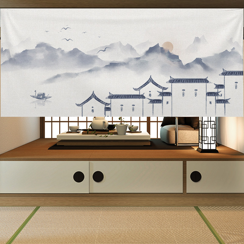 门帘家用免打孔中式客厅隔断半帘短帘布玄关挂帘厨房半截遮挡帘子