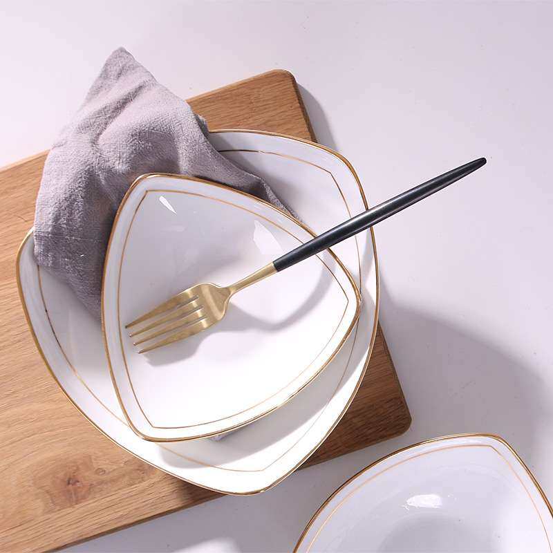 景天合陶瓷创意家用菜盘金边骨瓷三角形汤盘子意面饭盘沙拉菜碟子