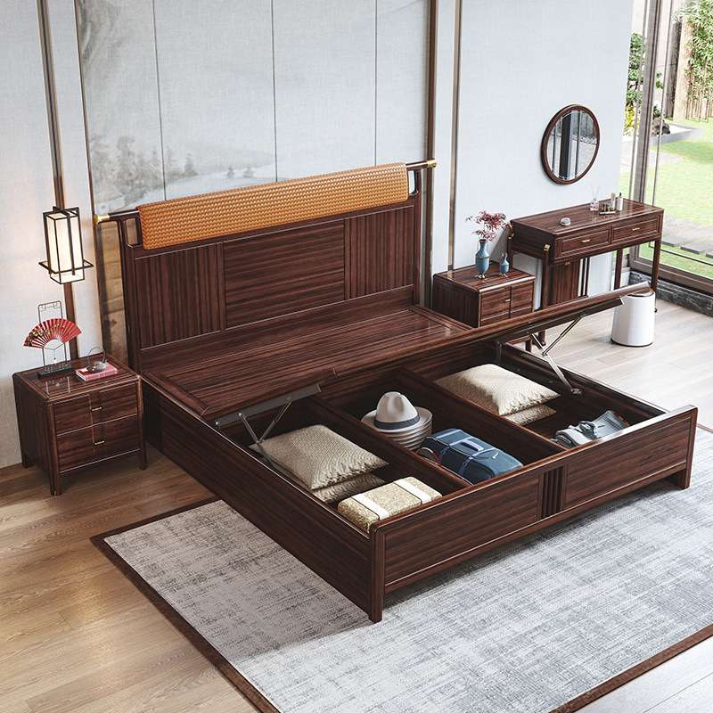 新中式乌金木实木床1.8米双人大婚床现代简约1.5米轻奢主卧室家具