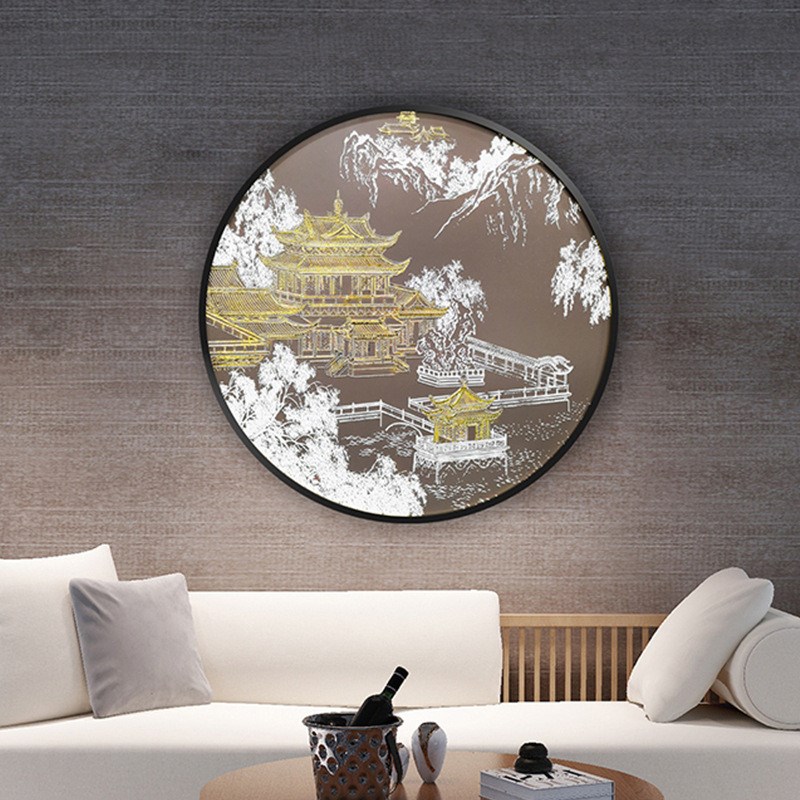新中式玄关装饰画酒店圆形宫廷建筑挂画浮雕肌理立体金箔工艺画