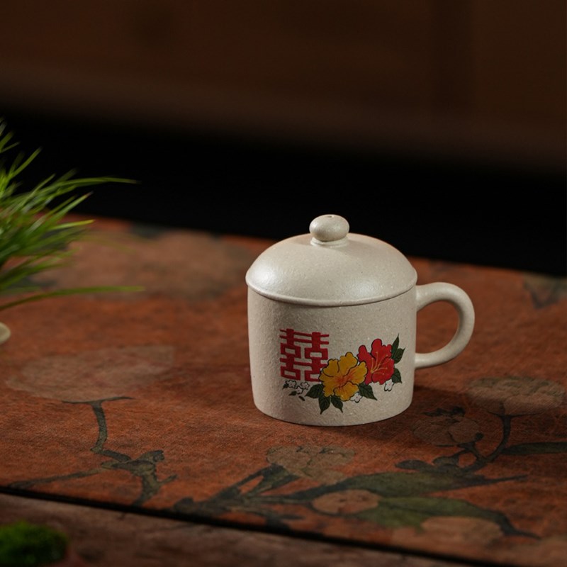 宜兴原矿紫砂杯怀旧经典老式茶缸子大容量水杯带盖花口盖杯茶喜杯