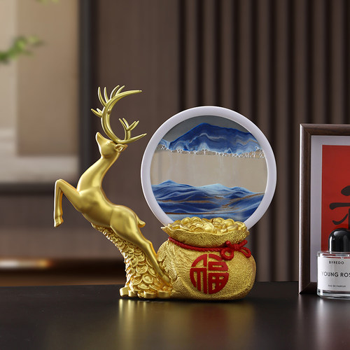 新中式福鹿生财流沙画摆件客厅装饰品公司店铺前台工艺品开业礼物