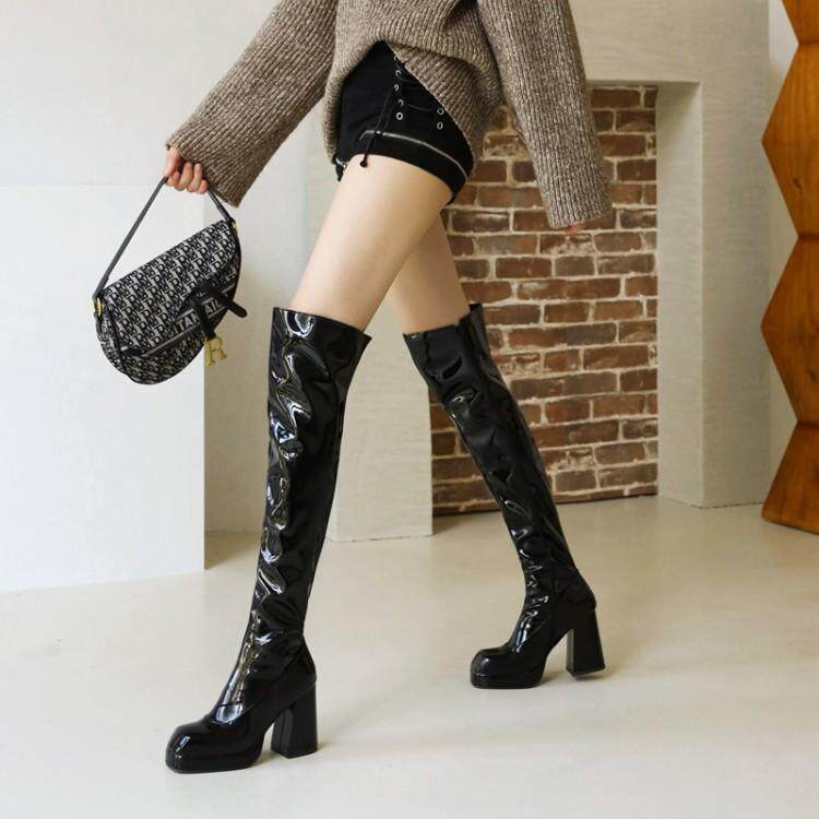 欧美秋冬过膝长靴超高跟黑色皮靴钢管H舞表演女靴子侧拉链超大码