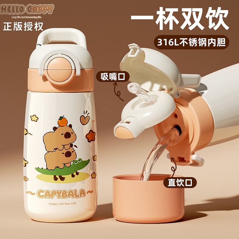 格非尔儿童保温杯小学生新款水杯上学专H用幼儿园水壶双饮口吸管