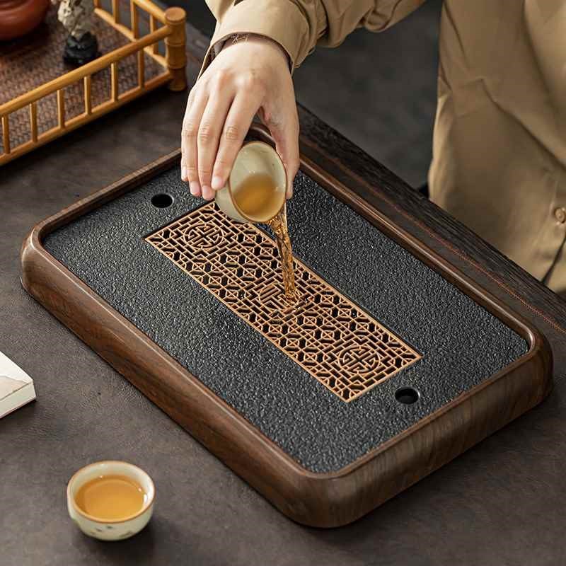 中式密胺仿乌金石茶盘排水蓄水双用茶托盘家用简约茶盘茶具茶台
