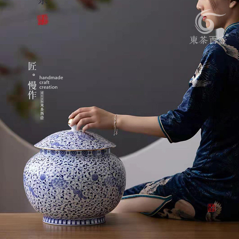 陶瓷茶叶罐大号布袋茶叶包装茶礼定制青花瓷茶仓普洱茶密封罐茶罐