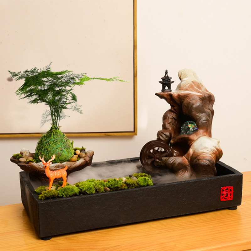 陶瓷假山流水生财摆件桌面鱼缸循环水客厅玄关办公室X装饰摆设礼
