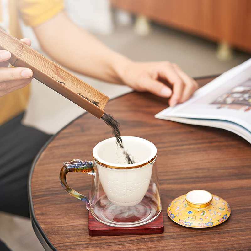 带把玻璃茶水分离泡茶杯大气办公室过滤茶杯大容量带盖水杯子中式
