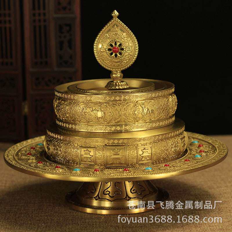 堂供品 精美刻钻雕刻纯铜 七宝曼扎盘曼茶罗带托盘