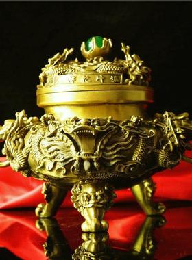 纯铜香炉摆件仿古九龙熏香炉用品居室檀香炉家居饰品工艺品摆件