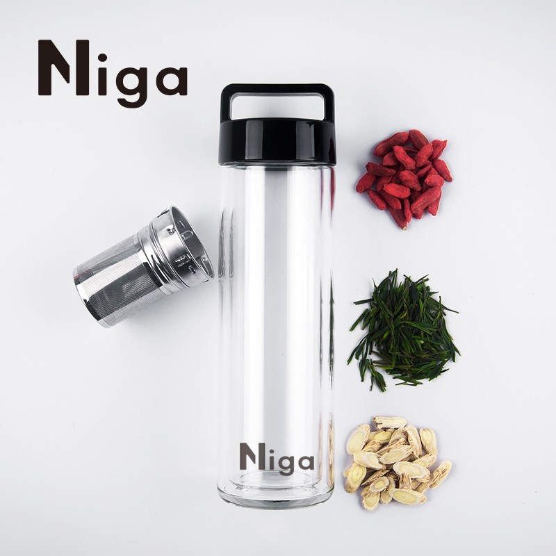 niga双层水杯便携夏季大容量耐热茶水分离泡茶杯子玻璃杯男女