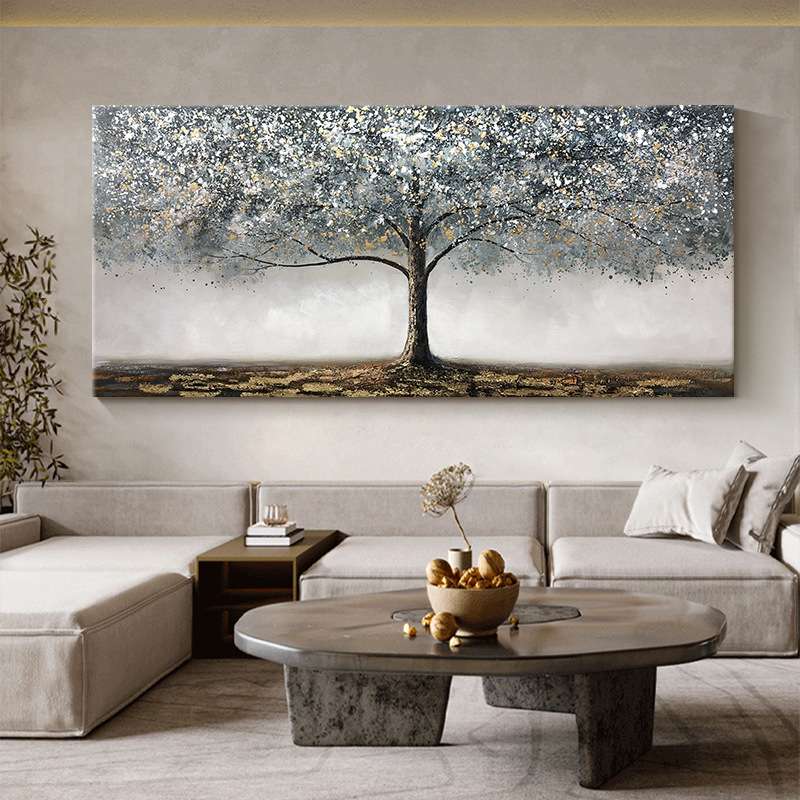 纯手绘油画客厅横版挂画发财树轻奢金箔装饰画沙发大尺寸壁画手工图片