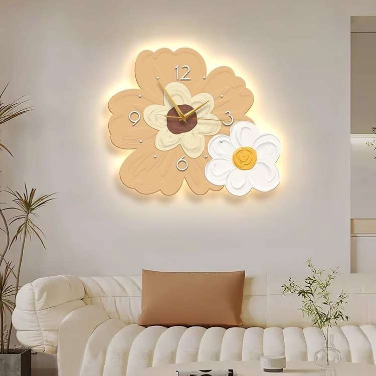 小清新客厅钟表装饰画led发光画壁灯奶油风餐厅时钟挂墙花卉挂钟