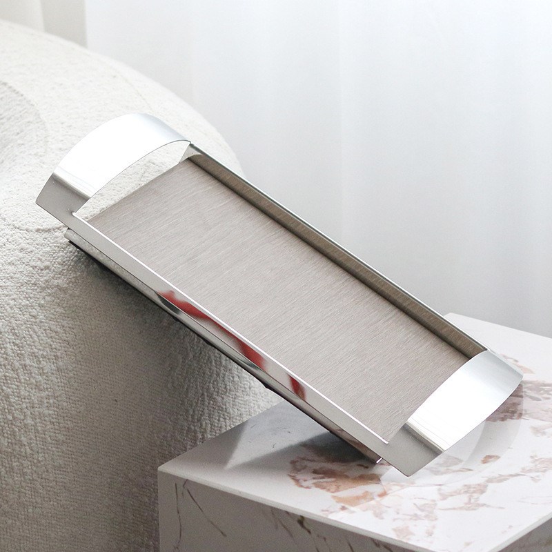 现代轻奢法式不锈钢仿木纹托盘家用样板房售楼处软装饰品收纳摆件