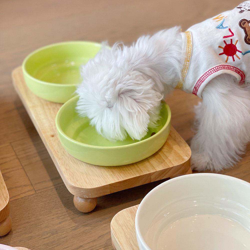 宠物陶瓷木双碗盆卡马龙色狗猫QNR狗饭碗食水碗粮碗狗食架碗易清