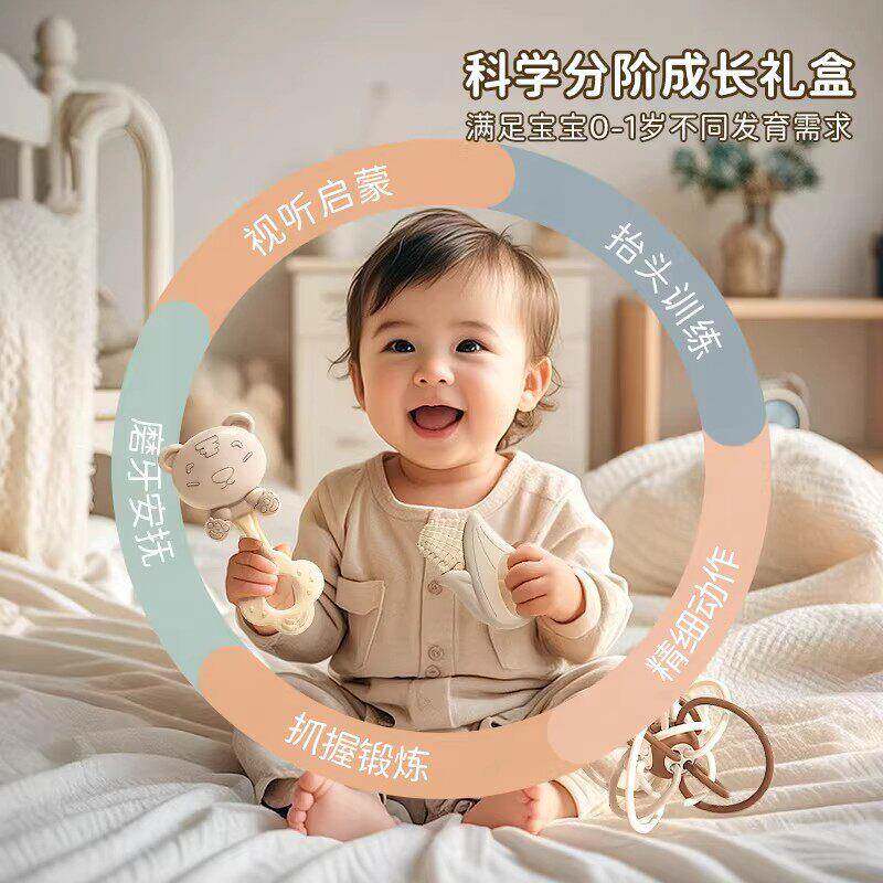 初月生婴儿见百面礼手摇铃天宝adfas306宝礼锤物到个沙牙胶可咬幼