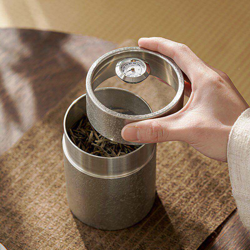纯锡视茶zowuTzaQ叶罐温湿度透明可普化洱白叶饼储存密封罐茶桶茶
