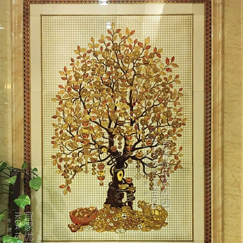 抛晶砖发财树玄关瓷砖背景墙拼花瓷砖摇J钱树过道拼花壁画砖抛金