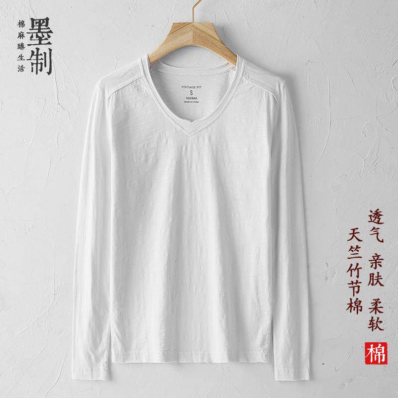 春季白搭色内领打底aGXxZvDx衫宽松百做旧毛搭棉边天竺竹节恤男长