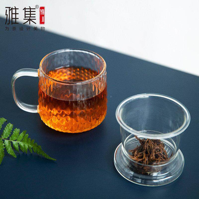 雅集杯耐热玻璃公锤纹滤泡茶茶水分离过带盖子带内胆男女士锤纹泡