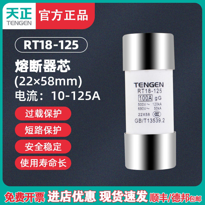 TENGEN天正 RT18-125熔断器 RT14-63保险丝 RT19 RO17熔芯22*58MM