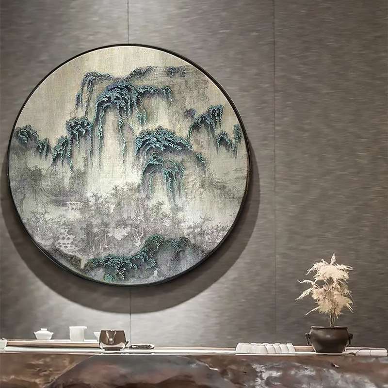 新中式书房茶室圆形山水禅意挂画中国风客厅墙面装饰画实物画图片