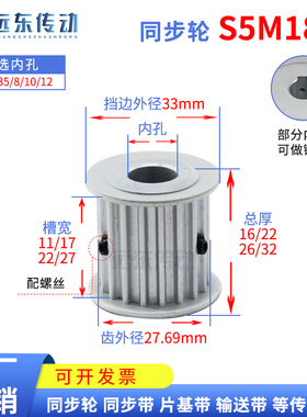 S5M18齿两面平无台18S5M同步轮齿外径27.69槽宽11/17/22/27皮带轮