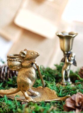 JK慕空间 进口印度黄铜复古做旧铜制小老鼠划船蜡烛烛台桌面摆件