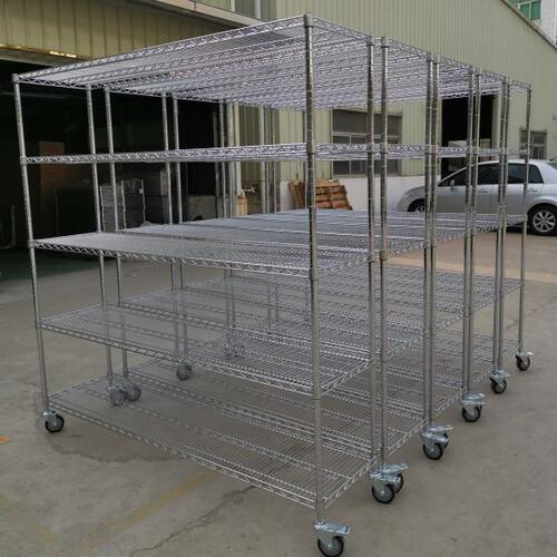 厂家直供可拆装镀铬货架带轮可调节移动线网不锈钢金属置物架推车