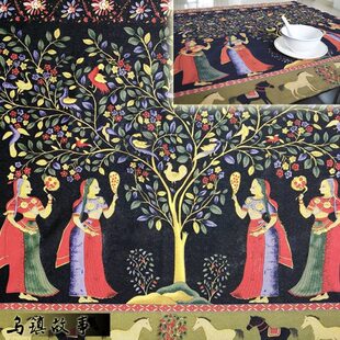 东南亚异域民族风桌布抱枕装饰布挂画 菩提树下棉麻印花面料