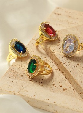 欧美宫廷风轻奢复古铜材质个性对B戒镶嵌椭圆锆石时尚戒指饰品