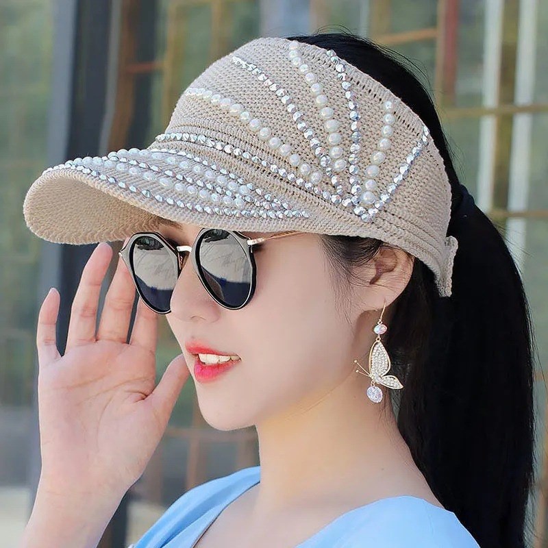 夏季韩版珍珠水钻l帽子女遮阳针织空顶帽时尚透气鸭舌帽太阳帽