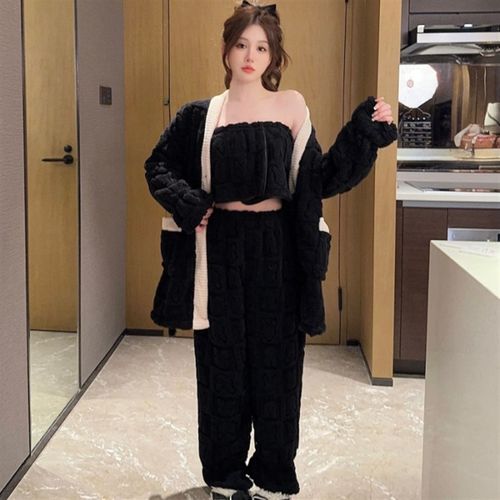 K3190-3,提花珊瑚绒睡衣套装抹E胸外袍长裤三件套装秋冬保暖家居