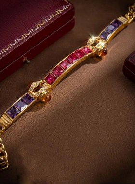 vintage中古风英产经典双色古董珠宝手链O重工红刚玉紫钻手镯手环