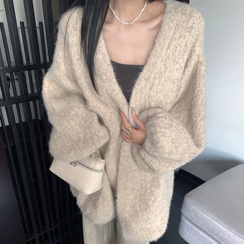 韩系慵懒风软糯毛衣外套女202y4秋冬宽松大版气质洋气针织开衫外