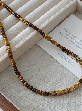 虎眼石串珠项链美拉德高级感秋冬毛衣链H钛钢轻奢复古天然石锁骨