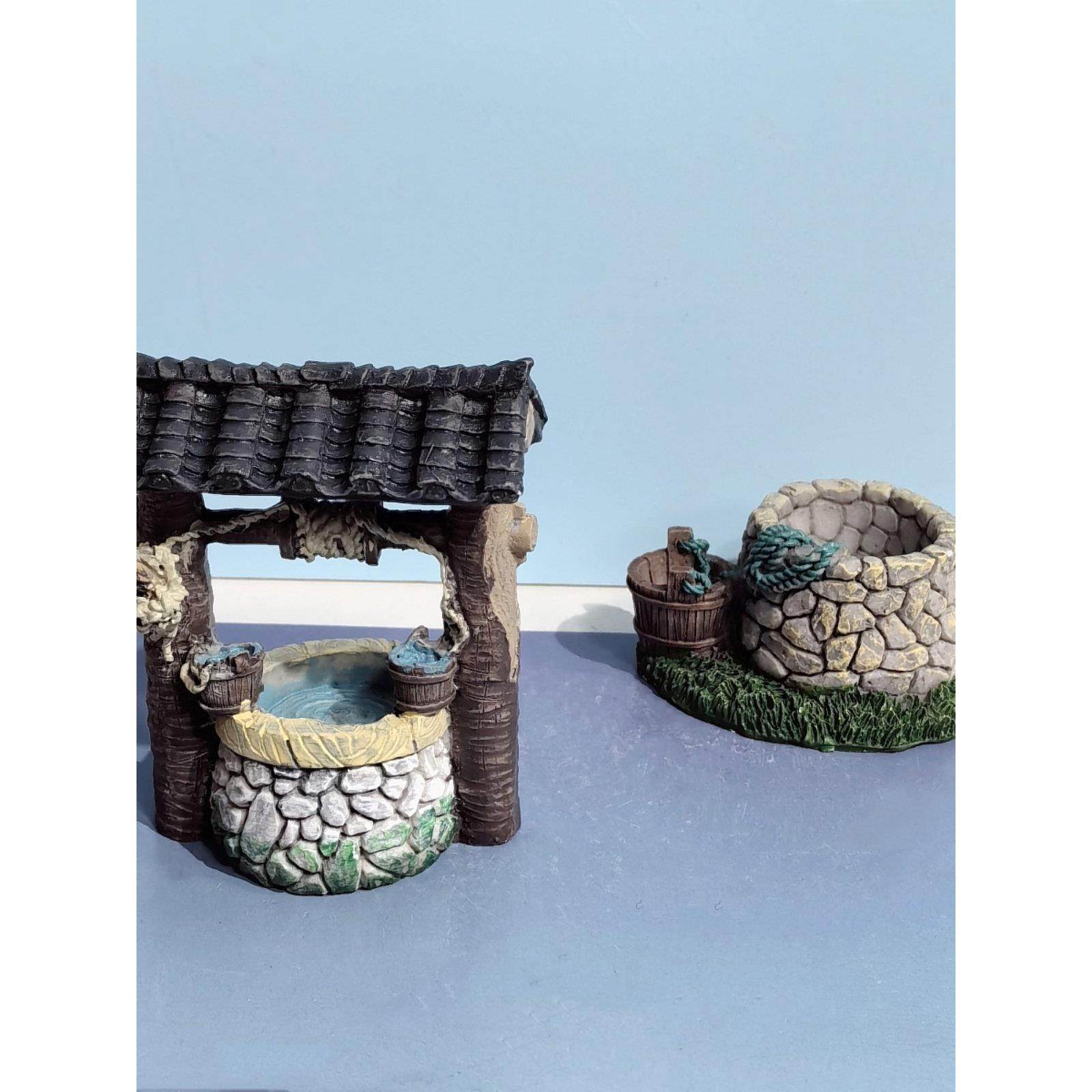石头井屋檐轱辘打水中式古代迷你建筑模型微景观花盆多肉沙盘装饰