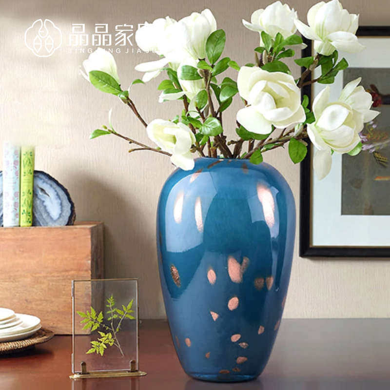 美式花瓶摆件蓝色家居客厅现代简约插花干花欧式玻璃花器软装饰