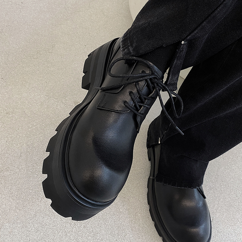 增高跟皮鞋子男圆头厚底松糕底时尚黑色低帮单鞋高级感个性发型师