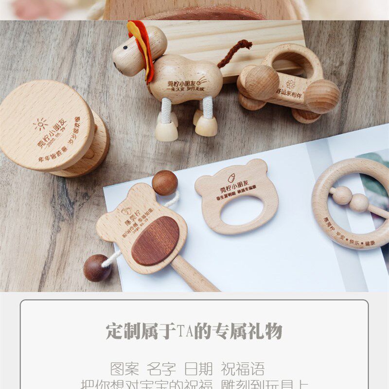 猫朵三个月宝宝礼品木质拨浪鼓可啃咬婴幼儿玩具100天礼物3-6月