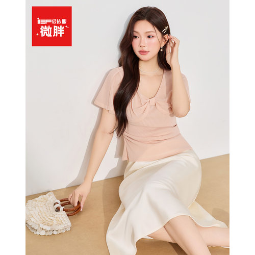 IEF/爱依服【微胖mm】蝴蝶结设计感T恤2026夏新款大码女短袖上衣