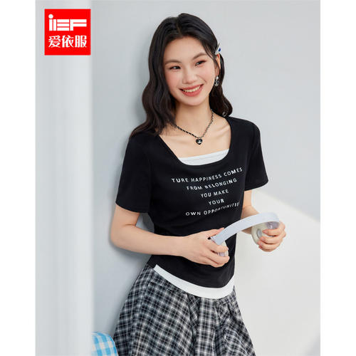 IEF/爱依服2026夏季新款韩系时尚小众假两件设计感字母印花上衣女