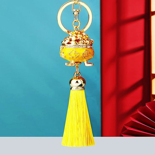 国潮聚宝盆流苏汽车钥匙扣金属男女包包挂件钥匙链圈W镶钻喜庆挂