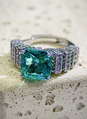 直播新款仿帕拉伊巴铁q塔戒指湖绿色高碳钻绿锆石彩宝开口戒指