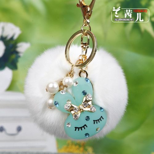 可爱眯眼兔汽h车钥匙扣女毛绒包包挂件钥匙链水钻韩版创意礼品