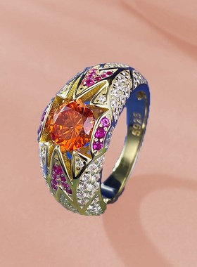 珠宝 直播款S925银6.5mm圆形I芬达橙戒指一克拉豪华百搭女款