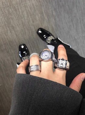 简约时尚朋克手表戒指百搭小众情侣手指表迷你时钟可X爱创意电子