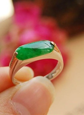 热销秀气简约满色绿马鞍镀S925银镶G嵌仿玉髓戒指复古小众时尚气